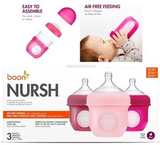 Boon NURSH Silicone Pouch Baby Bottles 0-3 Month Pink Girl 4 fl oz/ 3 Bottles