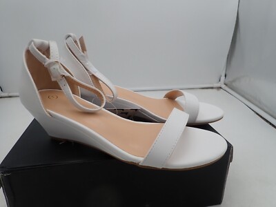 mysoft Women's Wedge Sandals 2'' Low Heel Open Toe Ankle Strap  Size 7 White