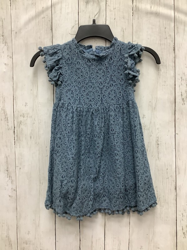 2Bunnies Girls Size 6 Smoky Blue Vintage Lace Pom Pom Flutter Sleeve Party Dress