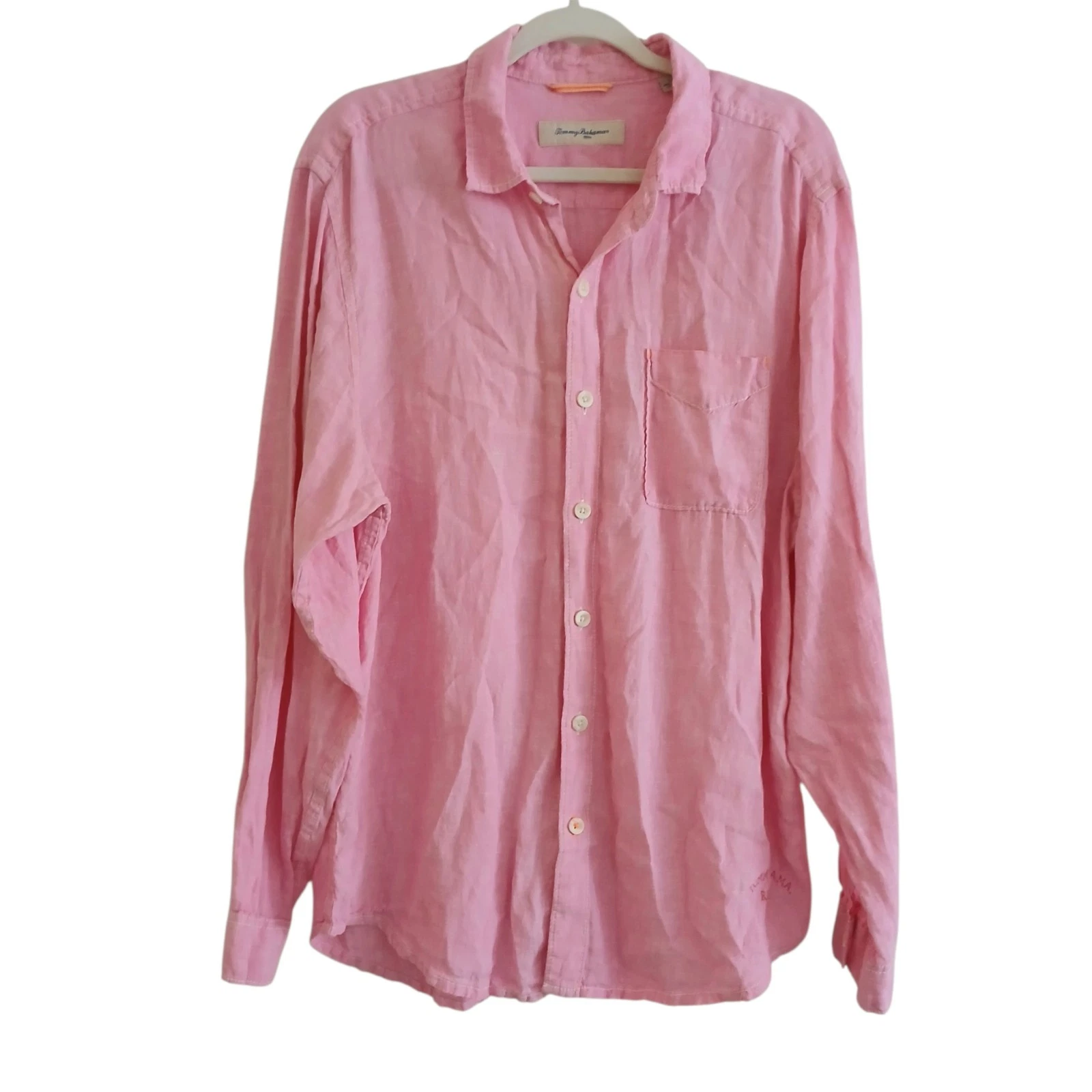 Tommy Bahama 100% Linen Long Sleeve Button Up Shirt Men's L Pink Pocket Relaxed