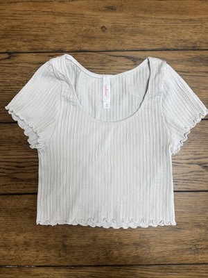 Women's Colsie XS Cropped Ribbed Ruffle Top White Short Sleeve