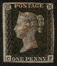 GB  QV 1840 Penny Black, (CF) , almost 4  Margin FINE Used red Malt.Cross
