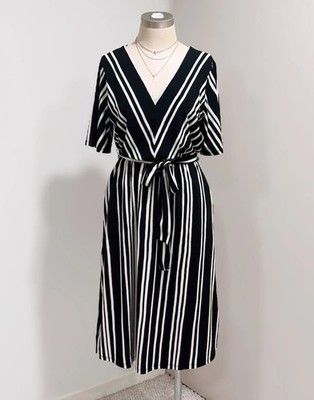 H&M Women's Black & White Striped Belted Midi Dress Size S