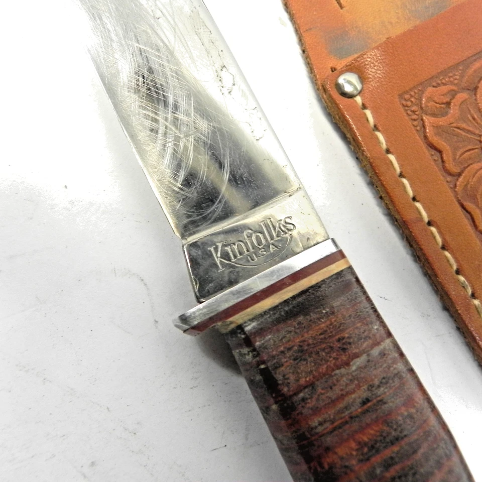 VINTAGE KINFOLKS HUNTING FIXED KNIFE W/ LEATHER SHEATH 5" BLADE 8 3/4" OVERALL - Image 2 of 4