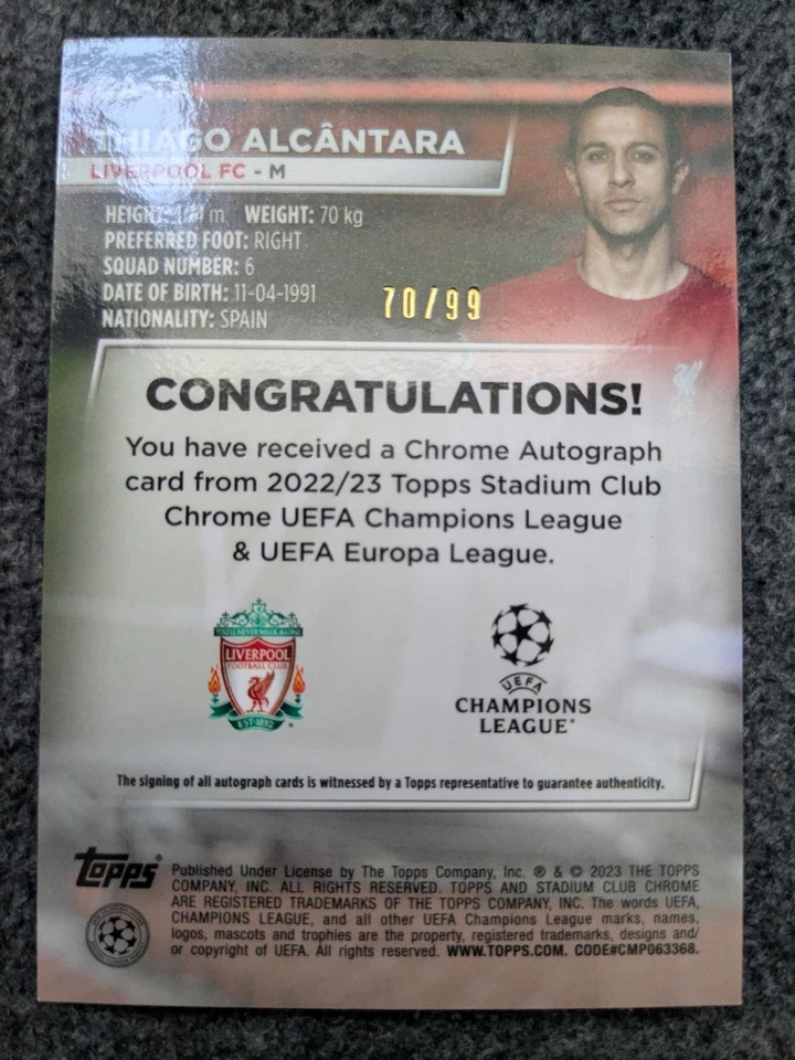 2022-23 TOPPS STADIUM CLUB CHROME UEFA THIAGO ALCANTARA AUTOGRAPH GREEN#D70/99 - Image 2 of 2