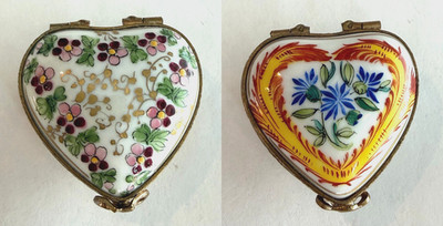 LIMOGES France PEINT MAIN Trinket (Ring) Box HEART Shape FLORAL-RARE REVERSIBLE