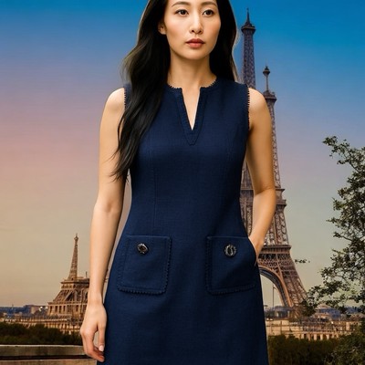 Karl Lagerfeld Dress Women s 10 Blue Tweed Gem Buttons Fringe Trim Old Money Lux