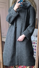 Wool + Mohair True Vintage 80s 90s Grey Herringbone Tweed Coat long maxi 12 10