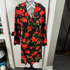 JOY black and red floral ruffle trim knee length wrap dress. Size L