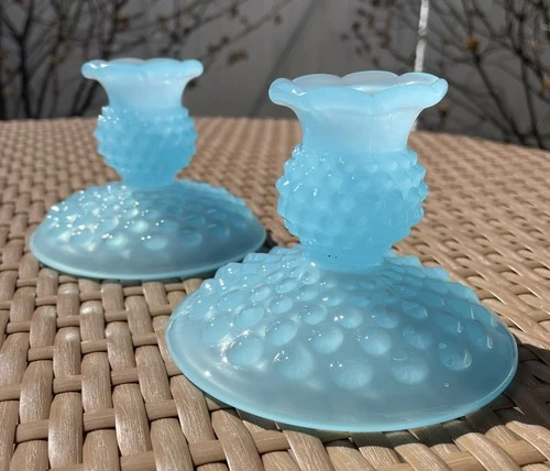 Vintage Fenton Peking Blue Hobnail Candle Holders. Scarce. No Damage.