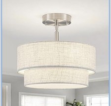 Chrome Ceiling Lights Living Room, 3-Light Modern Chandelier Double Beige Shade