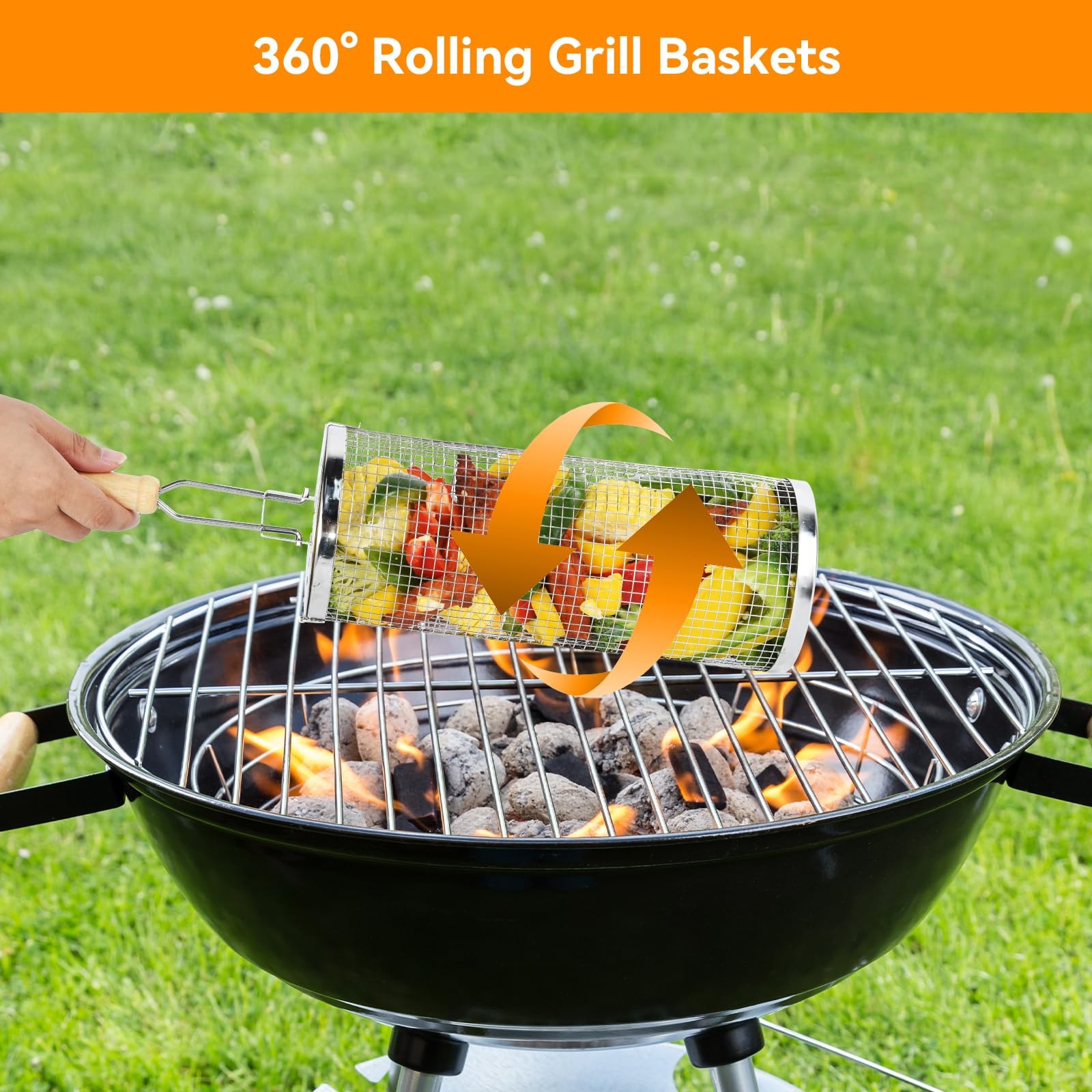 Rolling Grill Baskets 2pcs Removable Wooden Handle 304 Stainless Steel Barbecue