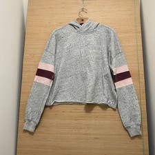 Abercrombie Fitch Womens Gray Cropped Hoodie Striped Sleeve Small Raw Hem