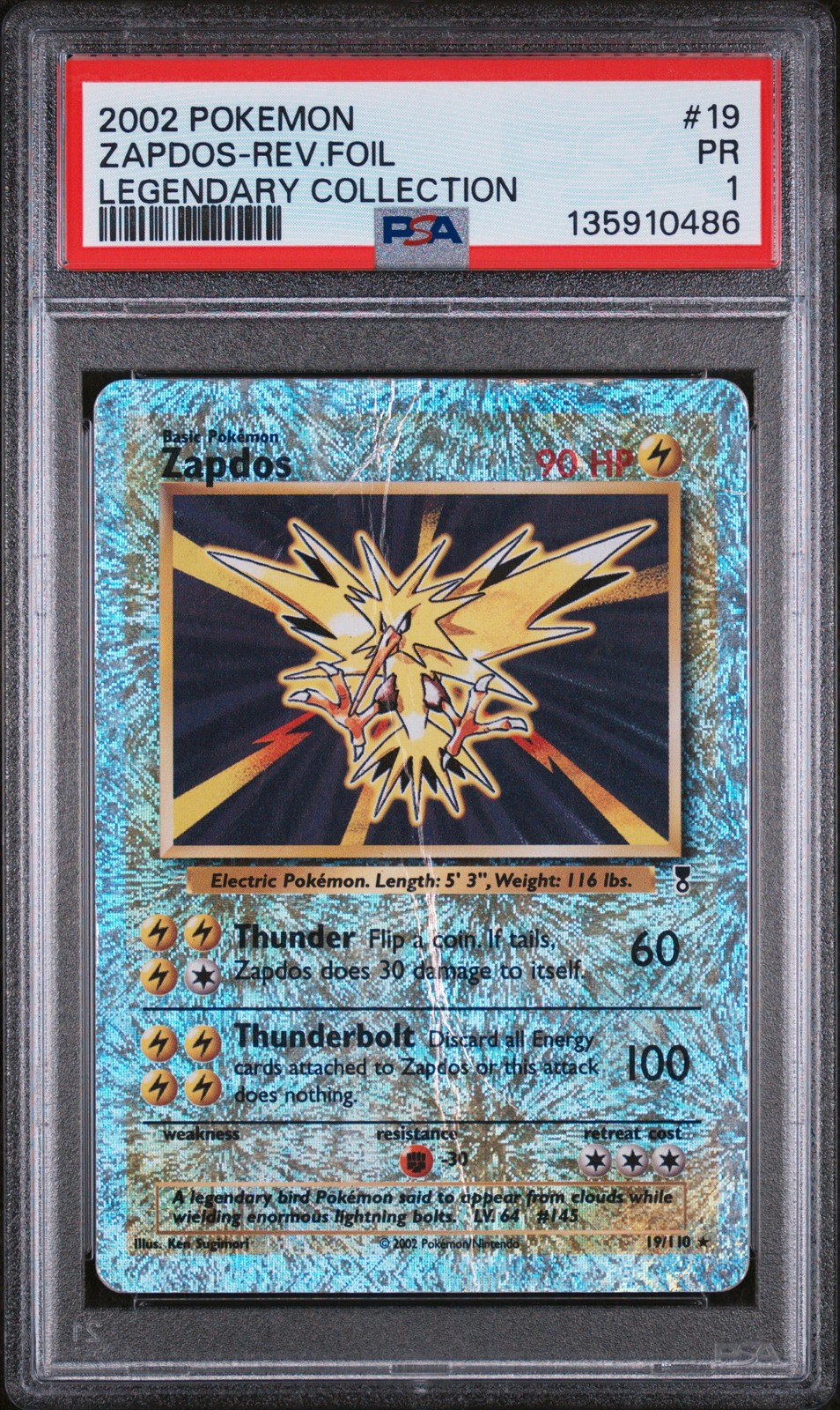 2002 POKEMON LEGENDARY COLLECTION #19 ZAPDOS-REVERSE FOIL PSA 1