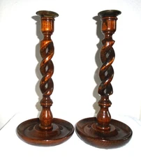 Pair of 12" Antique Solid Oak Open Twist Candlesticks with Brass Tops