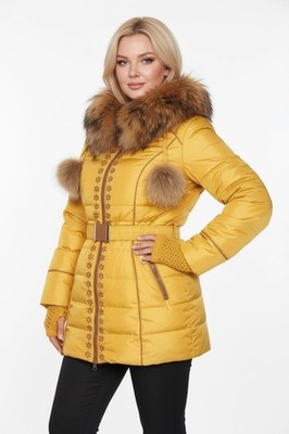 Damen Winterjacke Daunenjacke Daunenmantel Warm Pelz Kapuze Gelb Gr. M=S