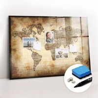 Glas Magnettafel KüChe BüRo Mit Marker Schwamm Magneten Alte Weltkarte 100X70 Cm