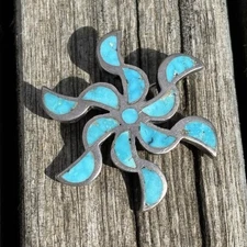 Annie Quam Gasper Zuni ~1960 Flush Turquoise Sterling Silver Brooch Vintage 4