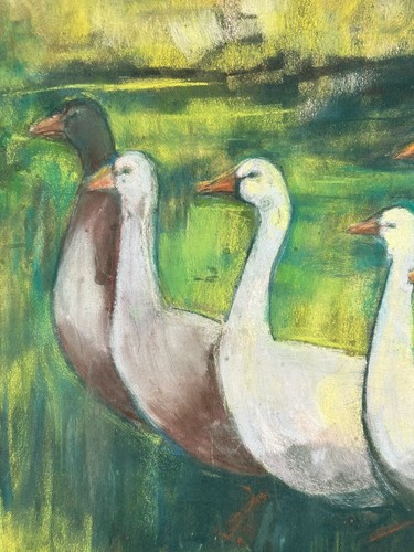 grand pastel ancien, femme aux oies, XXème, era atelier pierre labadie, baldi - Imagen 5 de 12
