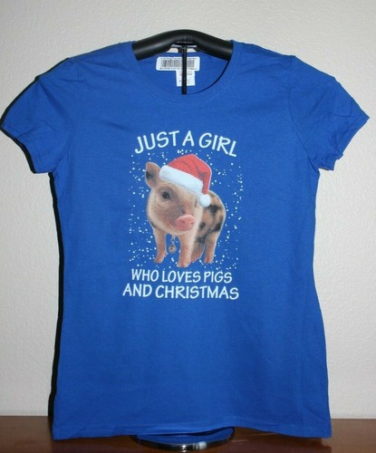 JUST A GIRL WHO LOVES PIGS AND CHRISTMAS T-Shirt Ladies, Medium, Blue - Picture 2 of 5