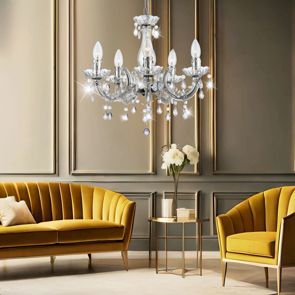 Luce a Sospensione Lampadario Rosso Cristalli Cromo Trasparente 5 Fiamma E14 - Immagine 3 di 4