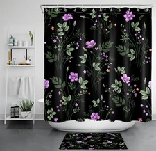 Green Leaf Purple Wildflower on Black Shower Curtain Bathroom Accessories Set