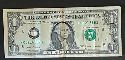 Star Note 2017 $ 1.00 One Dollar Bill Star Note H 00216862 Star Note 2017 $ 1.00 One Dollar Bill Star Note H 00216862