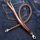 Light Brown Braided Genuine Cowhide Leather Wallet Chain Biker Men's
