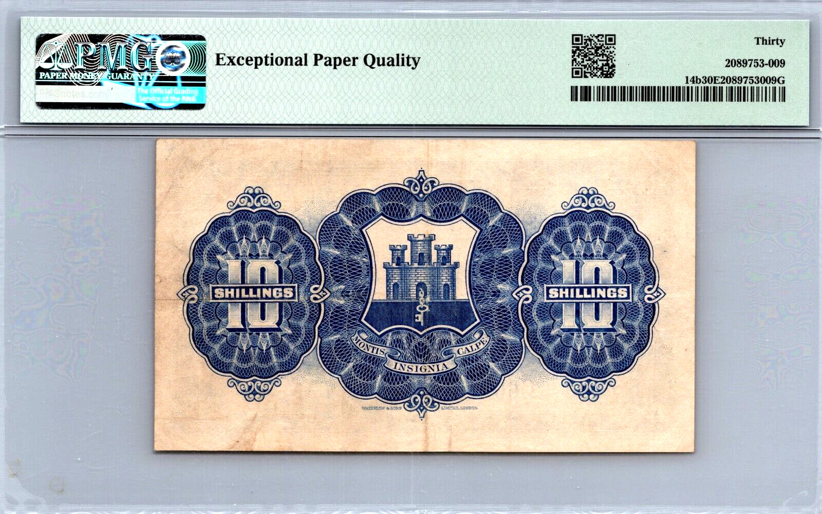 Gibraltar 10/- Shillings 1942 Pick# 14b PMG 30 EPQ Very Fine