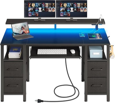 47.2'' Computer Desk with LED Lights & Power Outlets 4 Drawer Home Office Desk US