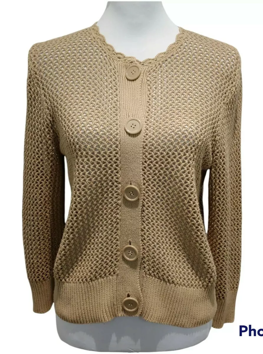  Solid Pointelle Knit Sweater (Color : Beige, Size : Large) :  Clothing, Shoes & Jewelry