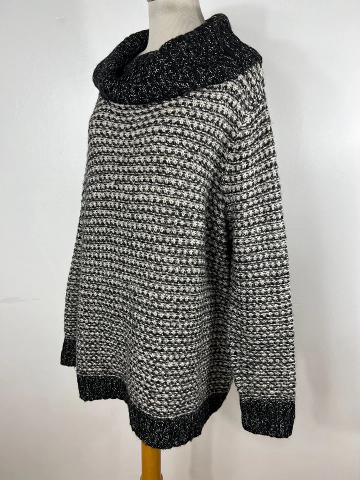 Suéter Coldwater Creek 1X preto branco gola capuz longo lã acrílica feminino J3 - Imagem 4 de 4