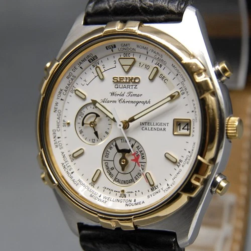[Near MINT] Vintage SEIKO World Timer 6M15-0020 39mm Alarm Chrono QZ Men's Watch