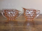 Vintage Jeannette Pink Depression Glass Cubist Creamer & Sugar Bowl Set 1930s