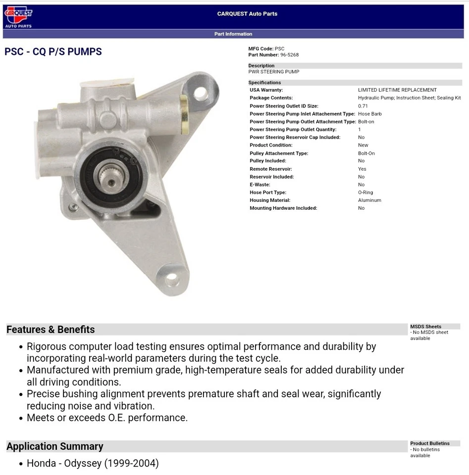 CARQUEST Power Steering Pump 98-5268CQ For Honda Odyssey 1999-2004 - Image 2 of 3