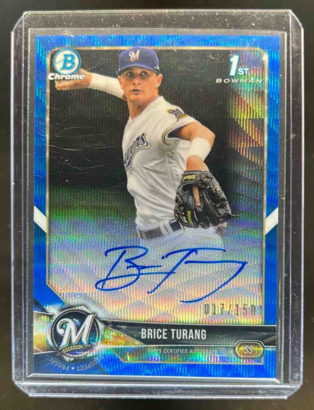 2018 Bowman Draft Brice Turang Chrome Auto Blue Wave Refractor 1st #/150 Brewers