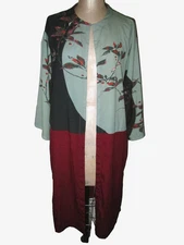 CITRON SANTA MONICA GREEN/BURGUNDY PRINT L/S DUSTER UNLINED SZ L EXC COND PLYSTR