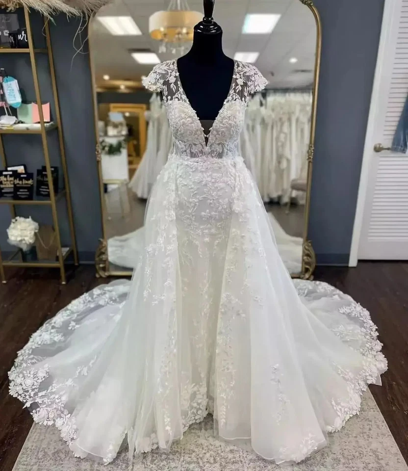 Boho Mermaid Wedding Dresses V-Neck Detachable Train Lace Appliques Bridal Gowns - Image 2 of 4