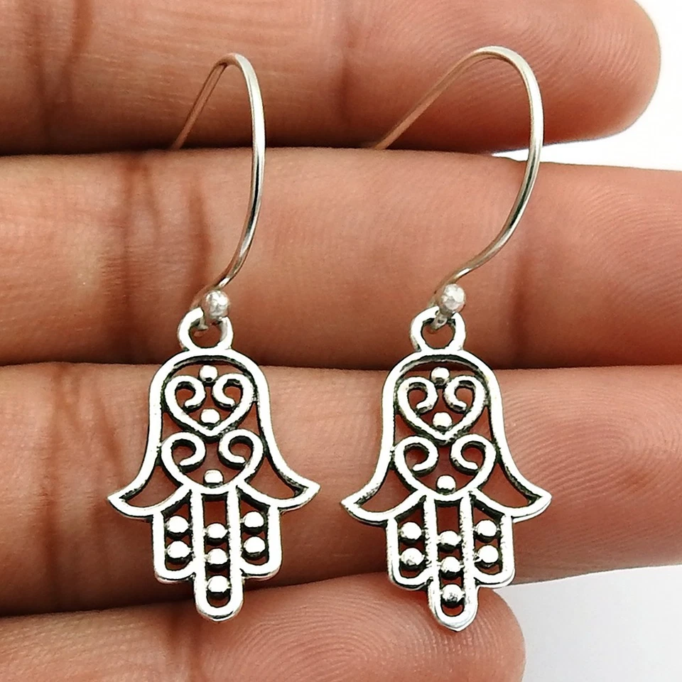 Hamsa Mano de Fátima Pendientes Sólido 925 Plata Ley Regalo Navidad para Mujer - Imagen 2 de 4