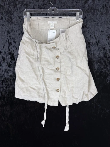 H&M Womens 100% Linen Womens 8 Beige Button Front Paper Bag Skirt Langenlook NWT