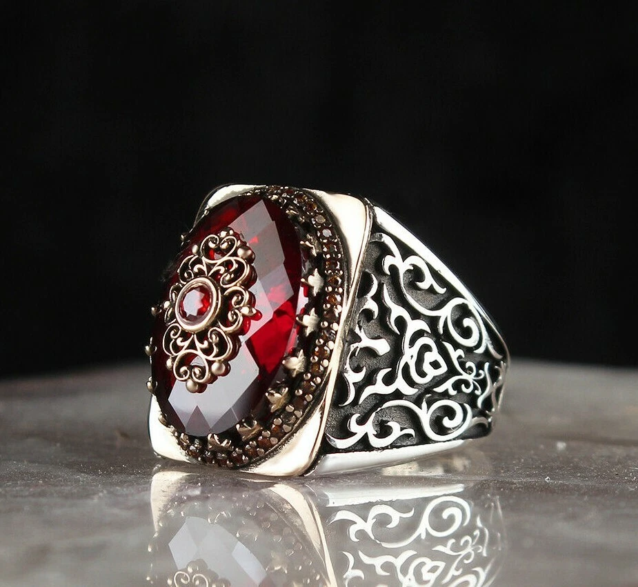 Argent Homme Bague 925 Argent Sterling Handmade Turque Rubis Homme
