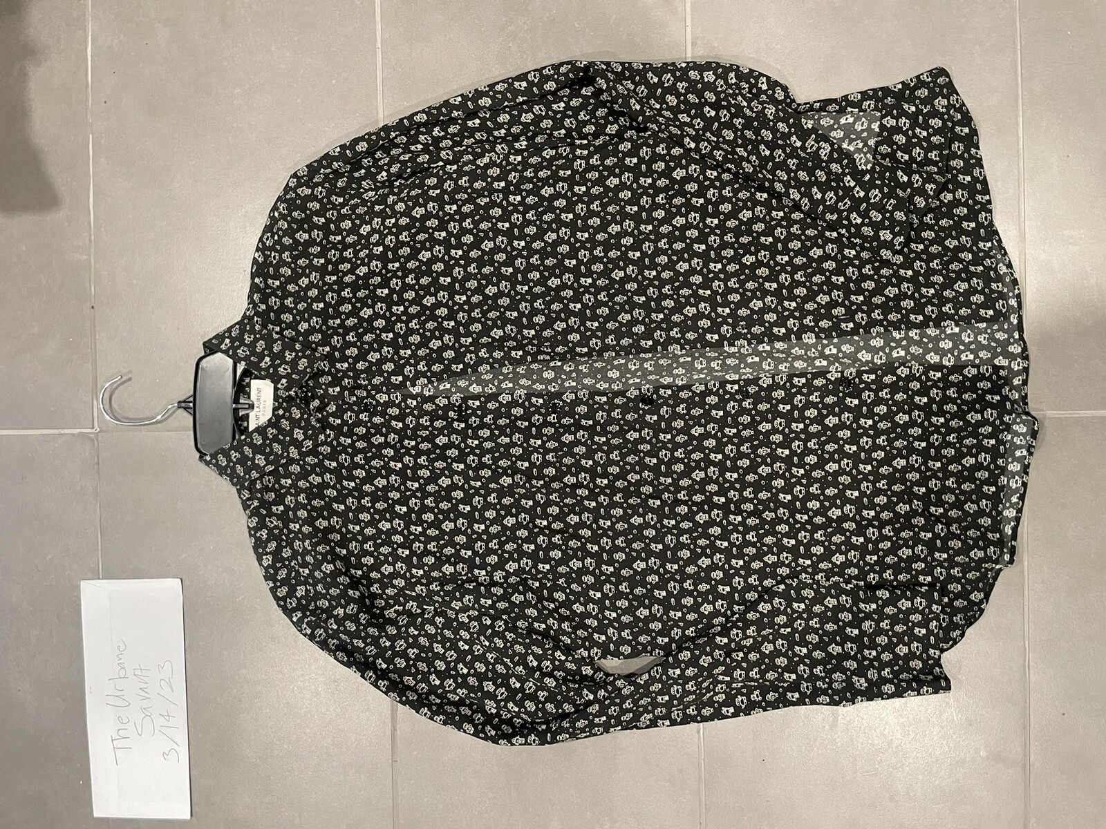 Camicia Saint Laurent YSL nera bianca stampa robot seta con bottoni 39 US 14 5