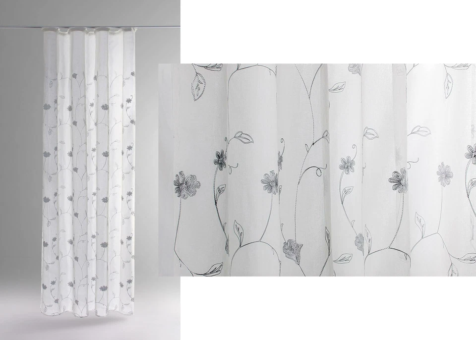 Voile Gardine natur Kräuselband Dekoschal edel Kettenstickerei Vorhang Organza - Bild 1 von 1