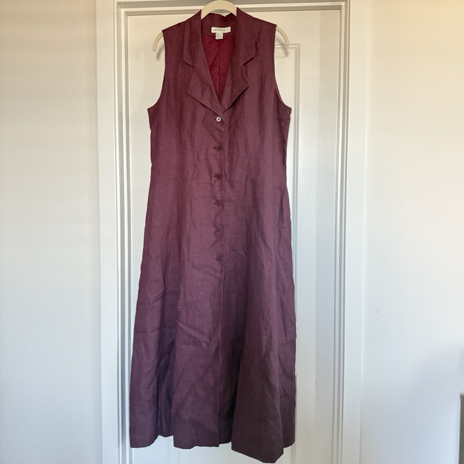 Vintage 100% linen sz 14 maxi shirt dress button front vest purple Ann Taylor