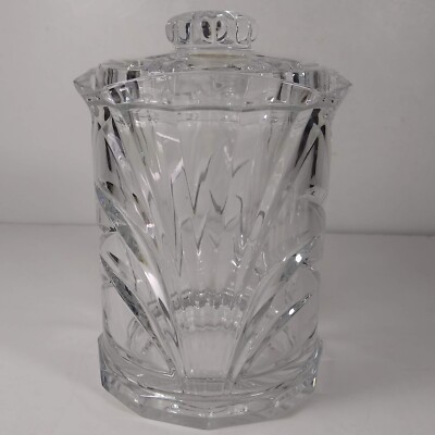 Vintage Block 24% Lead Crystal Biscuit Cookie Jar with Lid Fan Shape Leaf Design
