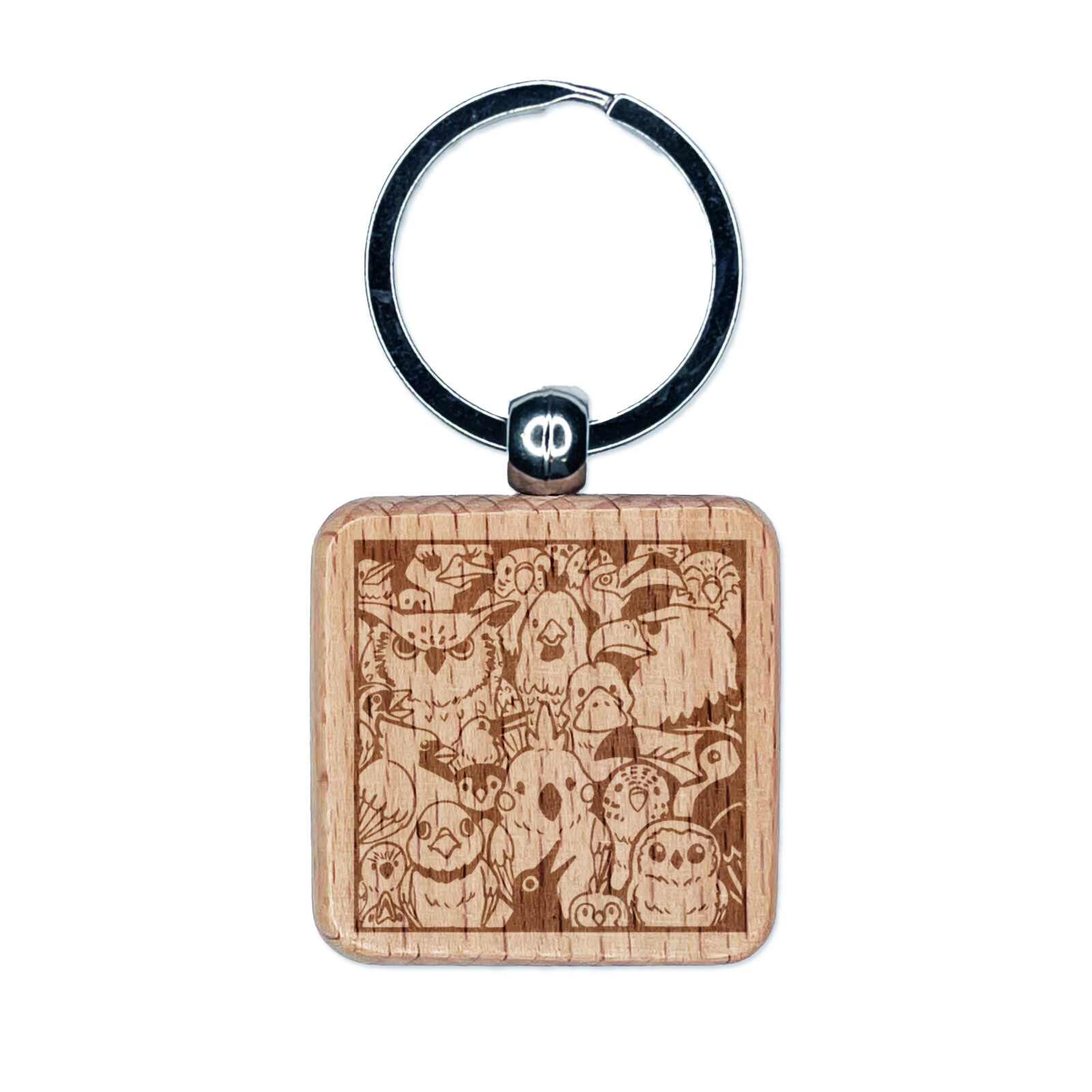 Birds in a Box Engraved Wooden Square Keychain Charm  