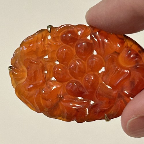 Antique Victorian Tested Solid 14K Gold Pierced Carved Carnelian Floral Brooch - Picture 3 of 9