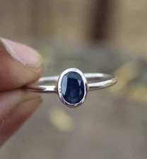 Natural Blue Sapphire Gemstone Simple Promise Ring 925 Sterling Silver Ring