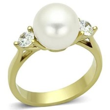 Pearl gold ring ladies cz three stone steel elegant white 18kt dress new 1103