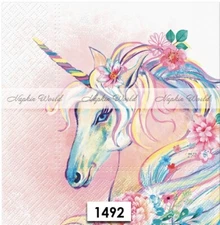 (1492) TWO Paper LUNCHEON Decoupage Art Craft Napkins UNICORN Whimsical Flowers